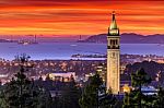 Dramatic Sunset Over San Francisco Bay And The Campanile Stock Photo