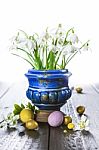 Easter Background With Eggs And Spring Flowers Stock Photo