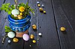 Easter Background With Eggs And Spring Flowers Stock Photo
