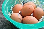 Egg In The Plastic Basket Stock Photo