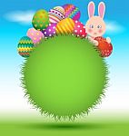 Eggs And Bunny On Green Grass For Easter Day Stock Photo