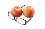 Eye Glasses Front Two Apples On White Background Stock Photo