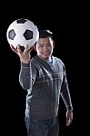 Face Of Soccer Lover Holding Football Ball Isolated Black Backgr Stock Photo