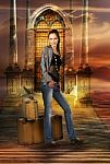 Fashion Lady Standing With Suitcase Stock Photo