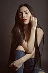 Fashion Portrait Of Beautiful Young Asian Woman With Red Lip And Stock Photo