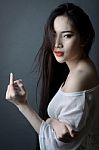 Fashion Portrait Of Beautiful Young Asian Woman With Red Lip And Stock Photo