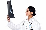Female Doctor Looking At Scanned X-ray Report Stock Photo
