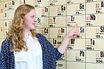 Female Dutch Student Pointing At Wall Chart With Periodic Table Stock Photo