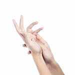 Female Hand To Create A Collage, Isolated On White Stock Photo
