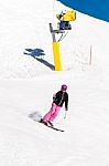 Female Skier In Fresh Powder Snow And Blue Sky Stock Photo