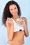 Fitness Girl Holding Plate With Salad Stock Photo
