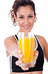 Fitness Girl Showing A Fresh Juice Stock Photo