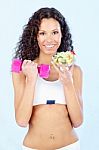 Fitness Girl With Salad And Weight Stock Photo