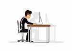 Flat Illustration For Office Syndrome. Wrong Sitting In The Workplace. Eyes Inflammation, Obesity, Stomach Ache, Knees Pain, Headache, Hands Pain, Lower Back Pain Stock Photo