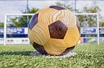 Football On Penalty Spot With Goal Stock Photo
