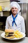 Fresh Bagel Hamburger Is Ready To Serve ! Stock Photo