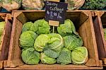 Fresh Cabbage Vegetable In Wooden Box Stall In Greengrocery With Price Chalkboard Label Stock Photo