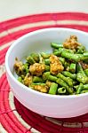 Fried Yardlong Bean Wih Thai Chilli Paste And Mince Pork Stock Photo