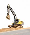 Front Side Of Old Backhoe Beside Road On White Background Stock Photo