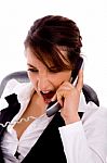 Front View Of Angry Young Businesswoman On Call Stock Photo