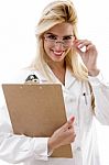 Front View Of Cheerful Female Surgeon Stock Photo