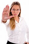 Front View Of Manager Showing Stopping Gesture Stock Photo