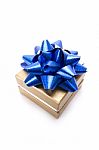 Gift Box With Blue Ribbon Bow Stock Photo