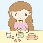 Girl Baking A Cake, Cartoon Illustration Stock Photo