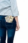 Girl Carrying Dollars In Back Pocket Stock Photo