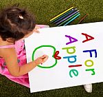 Girl Drawing Apple Shows Learning Stock Photo