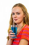Girl Drinking Soda With Straw Stock Photo