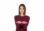 Girl In Red Sweater Shows Sign Good Stock Photo
