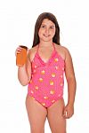 Girl In Swimsuit Holding Sun Lotion Stock Photo
