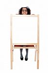 Girl Peeping From Behind White Blank Board Stock Photo