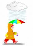Girl Wears Raincoat Walking In The Rain Stock Photo