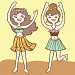Girls Dancing Hula, Cartoon Illustration Stock Photo