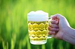 Glass Of Beer In Hand With Green Background Stock Photo