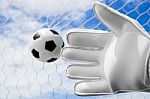 Goalkeeper's Hands Fail Catching The Soccer Ball With Net And Bl Stock Photo