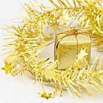 Gold Gift Box New Year And Christmas Decoration Stock Photo