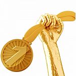 Gold Hand Holding Medal Isolated On White Background Stock Photo