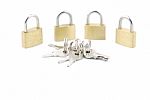 Golden Closed Padlocks With Keys On White Stock Photo