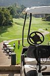 Golf Club Cars At Golf Field Stock Photo