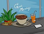 Good Morning Hot Coffee Scene Stock Photo