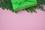 Green Gift With Polka Dot Ribbon And Cypress Leaf On Pink Background Stock Photo