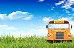 Green Grass, Blue Sky And The School Bus  Stock Photo