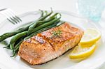 Grilled Salmon With Green Beans Stock Photo