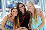 Group Of Beautiful Young Girls In The Street. Shopping Day Stock Photo