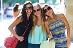 Group Of Beautiful Young Girls In The Street. Shopping Day Stock Photo