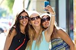 Group Of Friends Taking Selfie In The Street Stock Photo