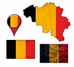 Grunge Belgium Flag, Map And Map Pointers Stock Photo